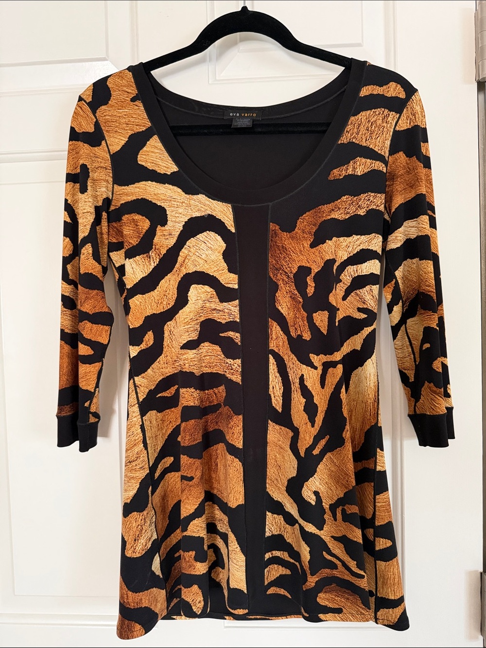 eva varro Black and Gold Animal-Print Long Sleeve Scoop Neck Top
